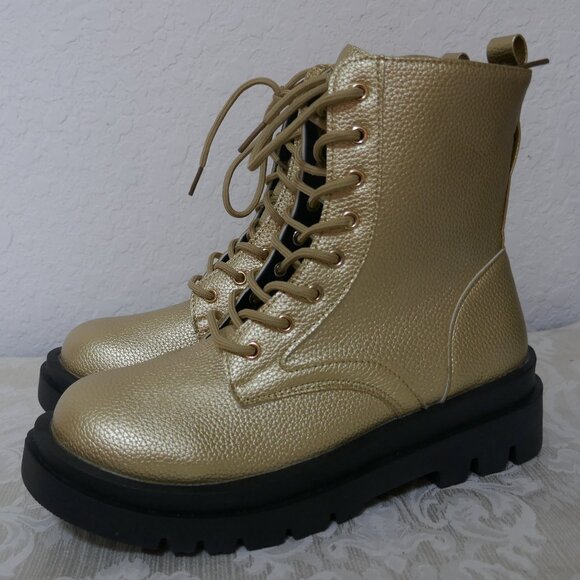 Gold Combat Mid Calf Lace Up Boots Zipper Detail Lug Heels Womens 43/12 - Picture 2 of 12